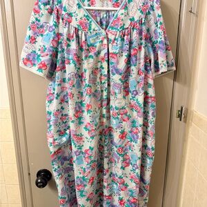 Floral Button-Front Cotton House Dress in white with Pink & Purple Flowers